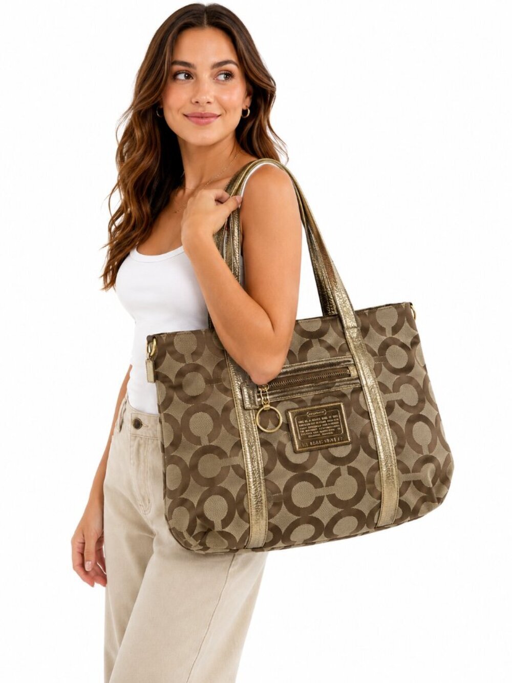 Coach Poppy Op Art Glam Tote Brown Gold Signature 13826